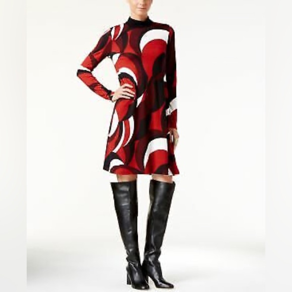 INC Long Sleeve High Collar Abstract Print Dress